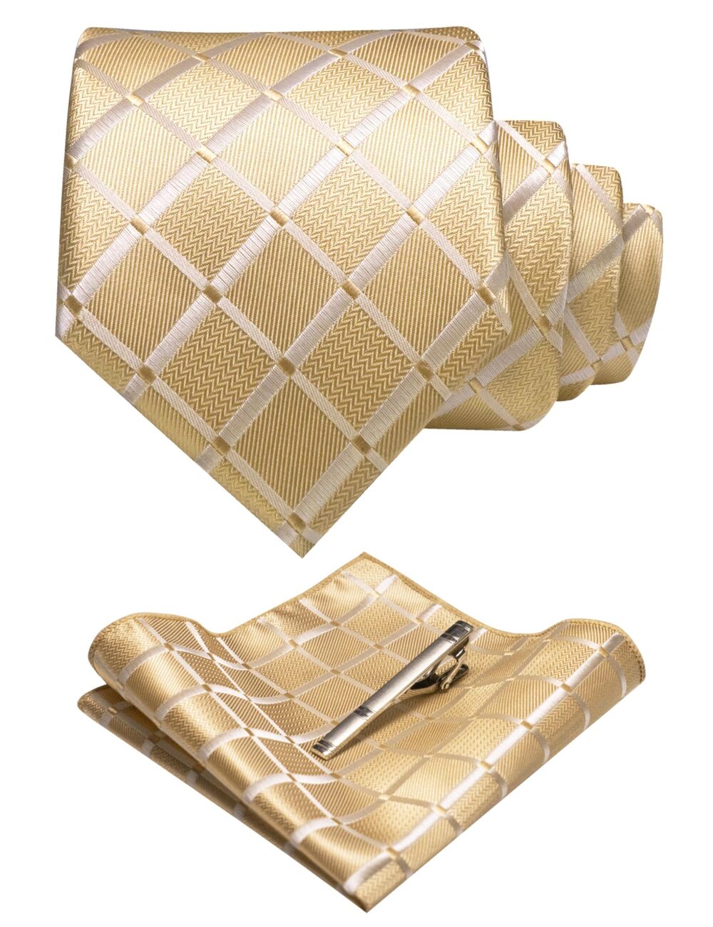 2658 Plaid Gold Tie and Pocket Square Hankerchief Silk Necktie with Tie